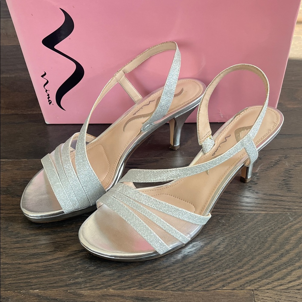 Nina Nelda Glitter Shimmer Silver Kitten Heels